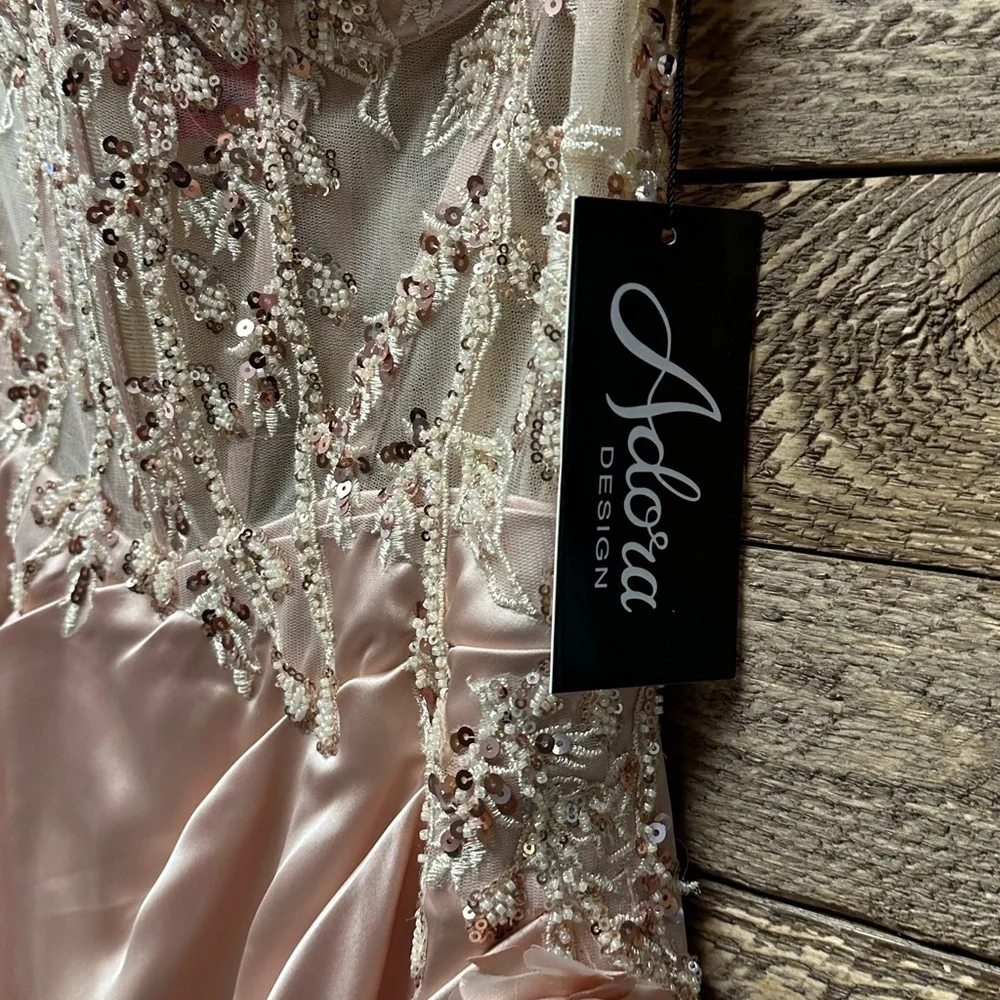 EMBROIDERED OFF SHOULDER CORSET SLIT GOWN BY ADORA 3132 in Champagne